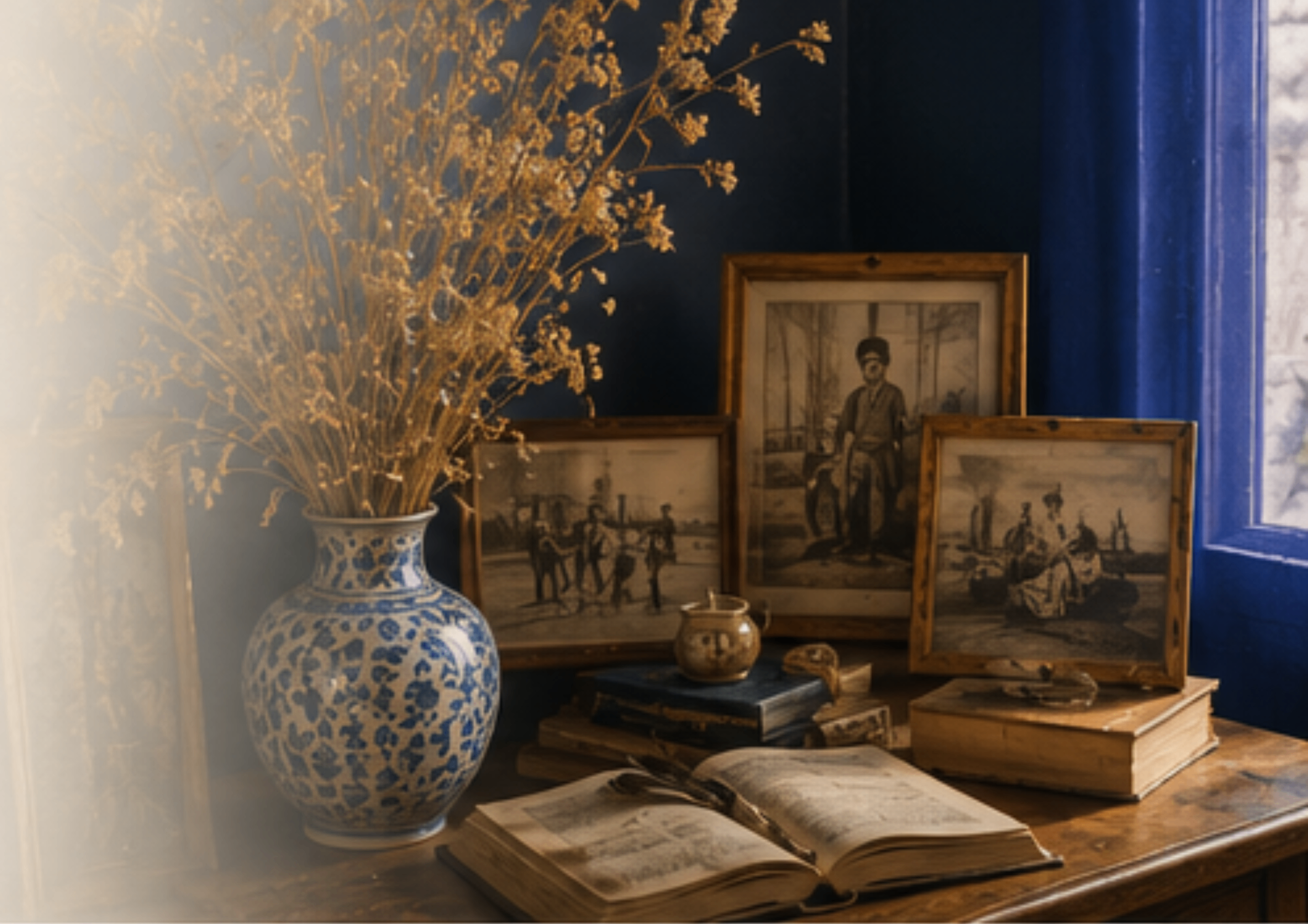 Bleu Cosaan — vase indigo, gravures anciennes, livres et lumière dorée